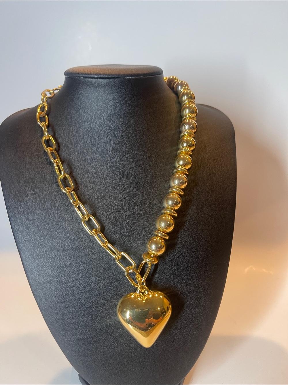 Gold Heart Pendant Beaded & Link Necklace - Women Jewelry 16” plus 3” extender